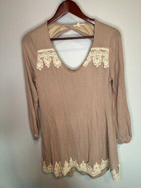 Easel Boho Chic Peasant Long Sleeve Taupe Mini Babydoll Swing Dress Tunic - Med.